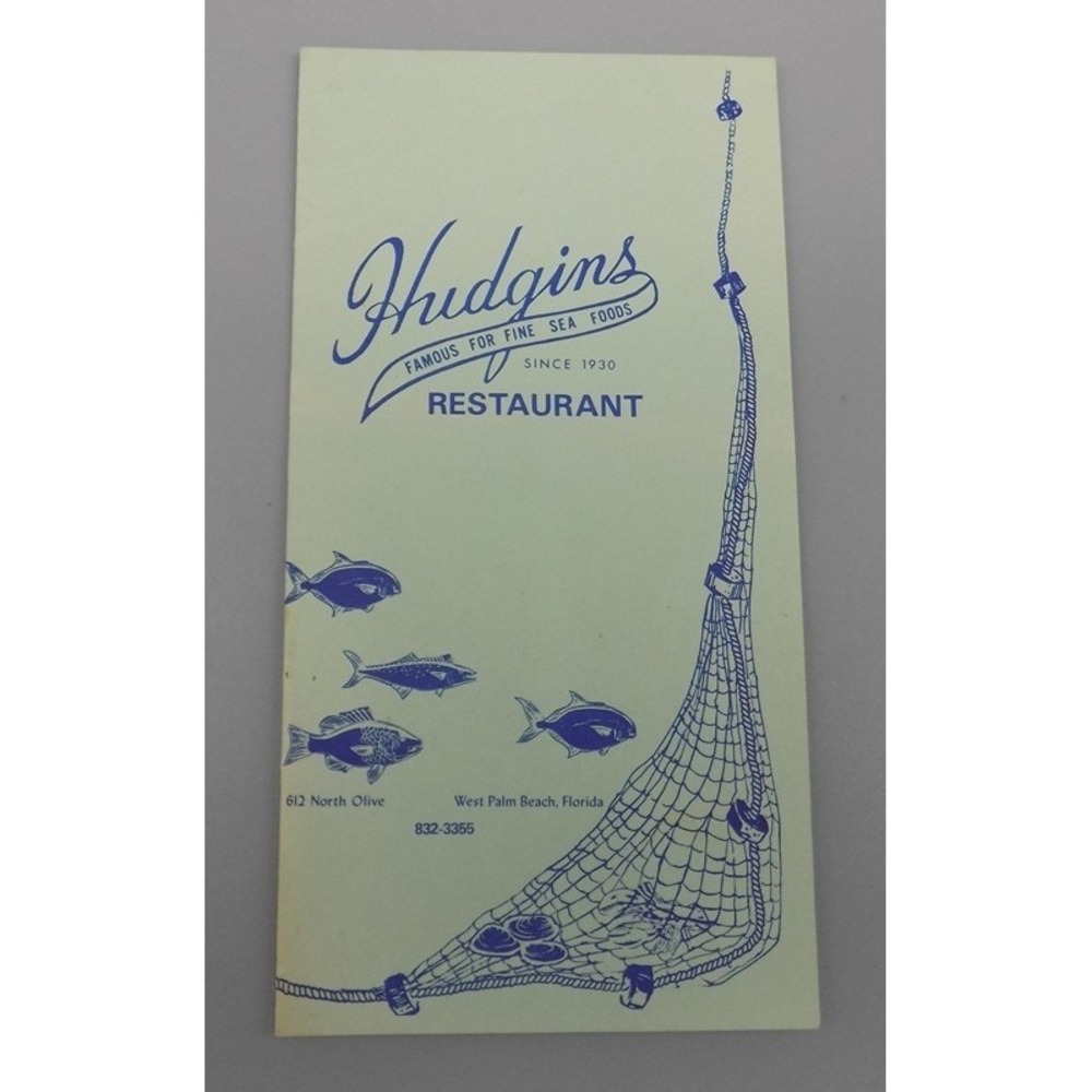 Hudgins Seafood Restaurant Menu Since 1930 West Palm Beach Florida 1980's Vtg
